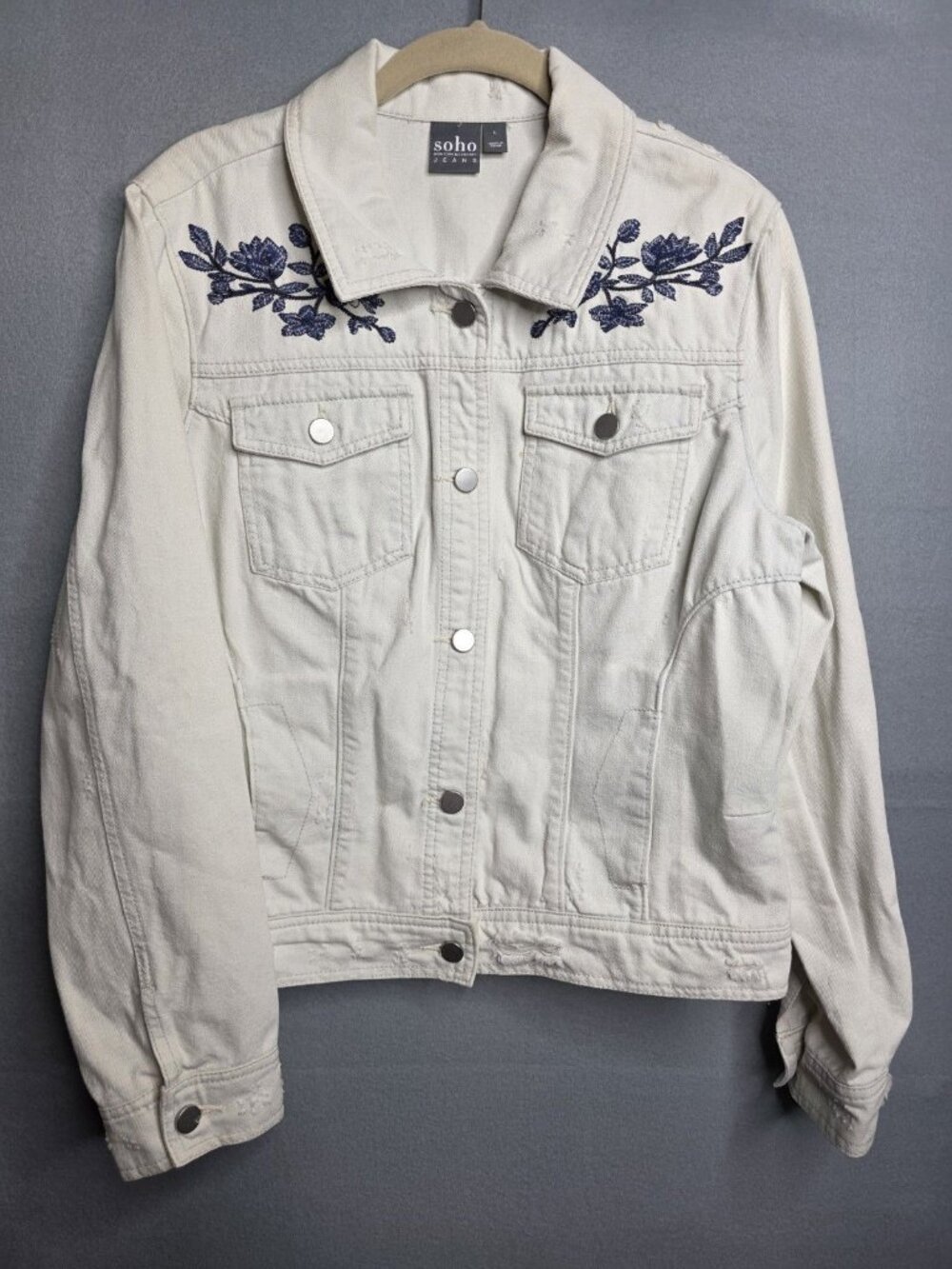 SOHO Jeans SZ L White Distressed Pocket Button Up Cotton Denim Trucker Jacket